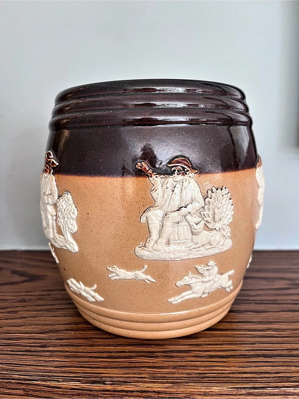 Vintage Doulton Lambeth salt glazed tobacco jar with relief decoration